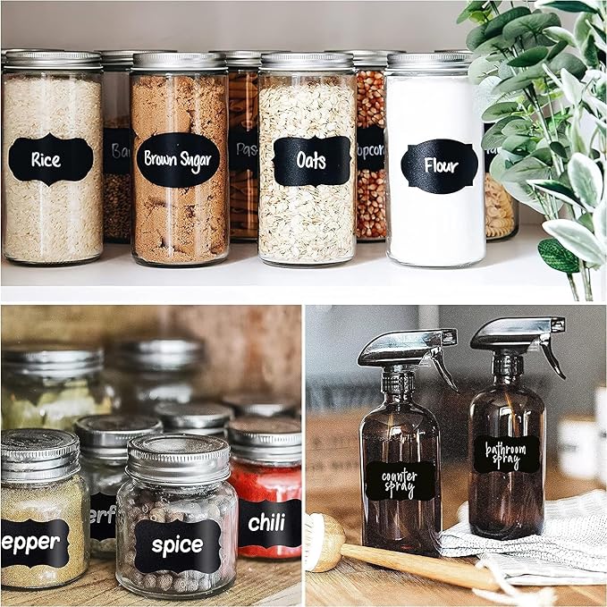 Chalkboard Label 300 Pcs Waterproof Reusable Labels for Food Containers Chalk Sticker Labels with 3 Liquid Chalk Markers for Mason Jars, Parties Decoration, Craft Rooms, Storage, Home, Kitchen