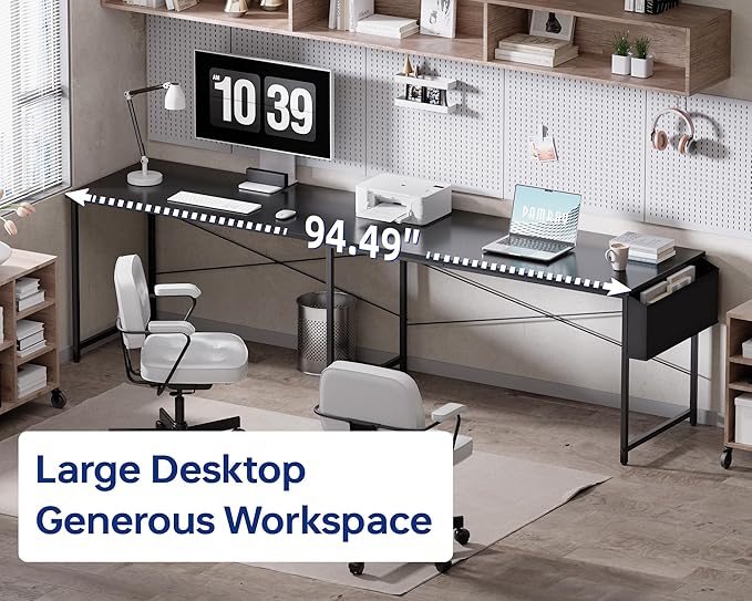 Pamray 64.5 Inch Reversible L Shaped Gaming Desk Large Corner Computer Desk with Storage Bag Home Office Table for Writing Study Black