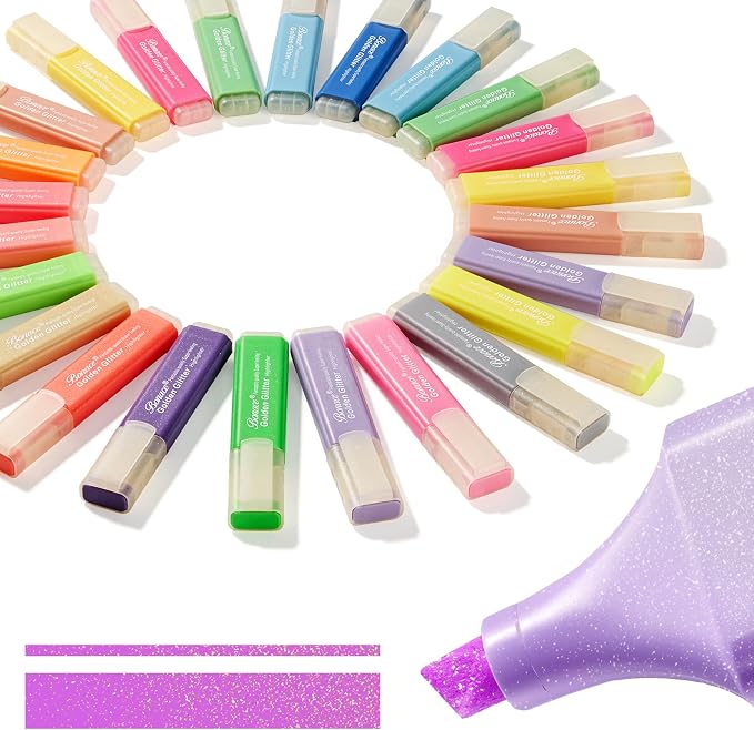 24 Glitter Highlighters, Metallic Chisel Tip Marker Pens | Pastel & Fluorescent Colors | Quick-Dry for Notes, Planners & DIY Crafts