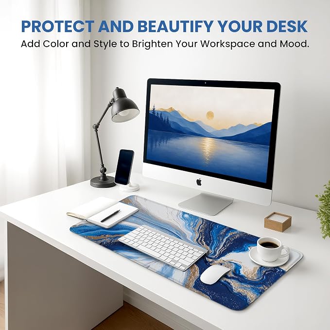 Aesthetic Desk Mat, Cute Ocean Marble Desk Pad Protector for Work & Decor, 31.5" x 11.8", Pretty Non-Slip Extended Mouse Pad for Office or Home