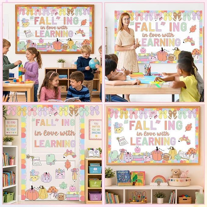 Pastel Fall Thanksgiving Bulletin Board Decorations Set Falling in Love with Learning Classroom Decor Maple Leaves Pumpkin Paper Cutouts for First Day of School Office Harvest Chalkboard Wall Supplie