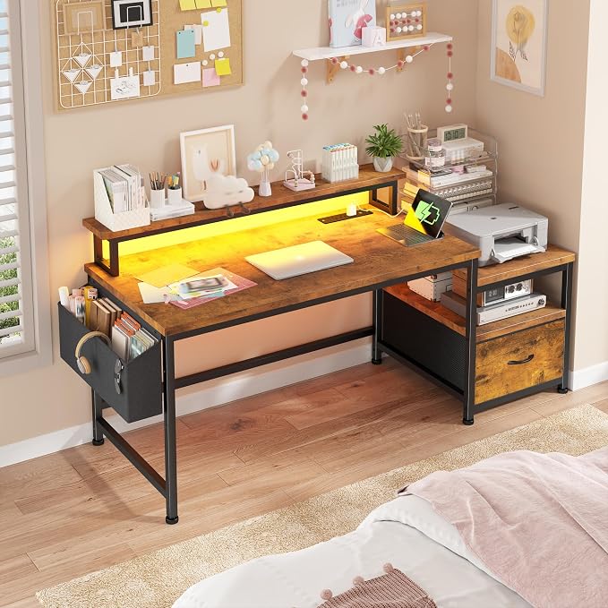 EnHomee 56.5" Office Desk with Drawers & Printer Space for Home Work,Brown | Computer Desk with 3 AC Outlets& 2 USB Ports,Waterproof LED Strip Lights,Monitor Stand & Side Pockets,Home Office,Bedroom