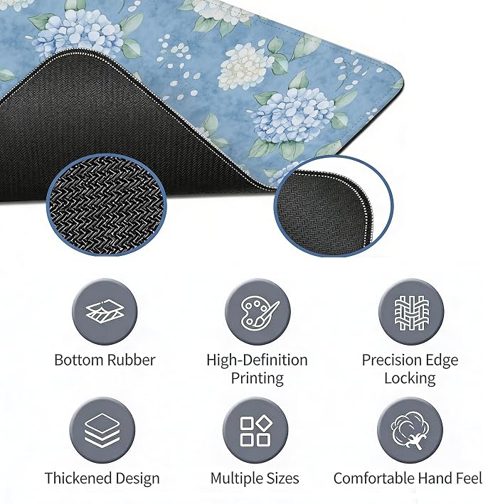 Hydrangea Desk Mat, Blue and White Flroal Mouse Pad, 31.5x11.8