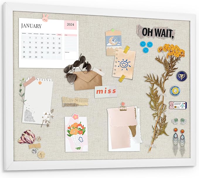 AKTOP White Cork Bulletin Board with Linen 18" X 24", Large Framed Corkboard for Wall, Hanging Pin Board Picture Board for Home Office Decor, Cute Vision Board with Pushpins
