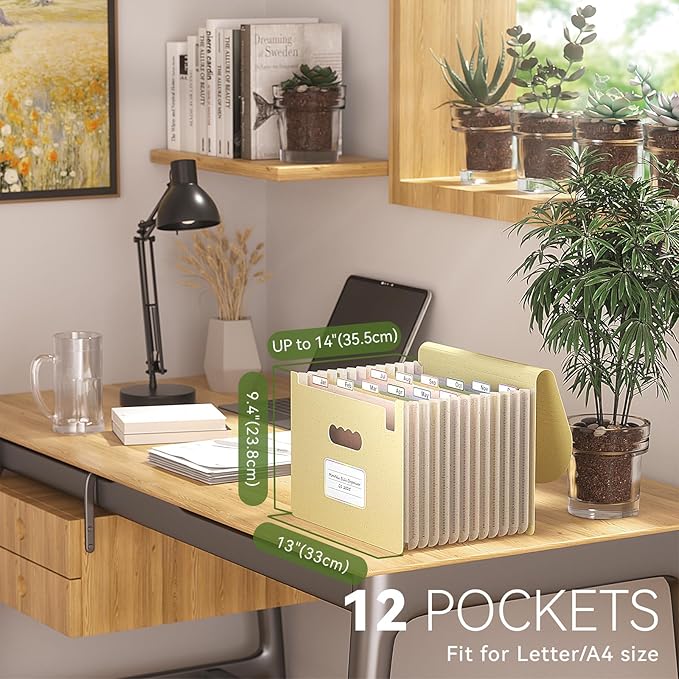 Accordion File Organizer, 12-Pocket Wheat Straw Expanding File Folder, Portable Monthly Bill & Tax Receipt Organizer, Letter/A4 Size Document Holder with Colorful Tabs-Wheat Yellow