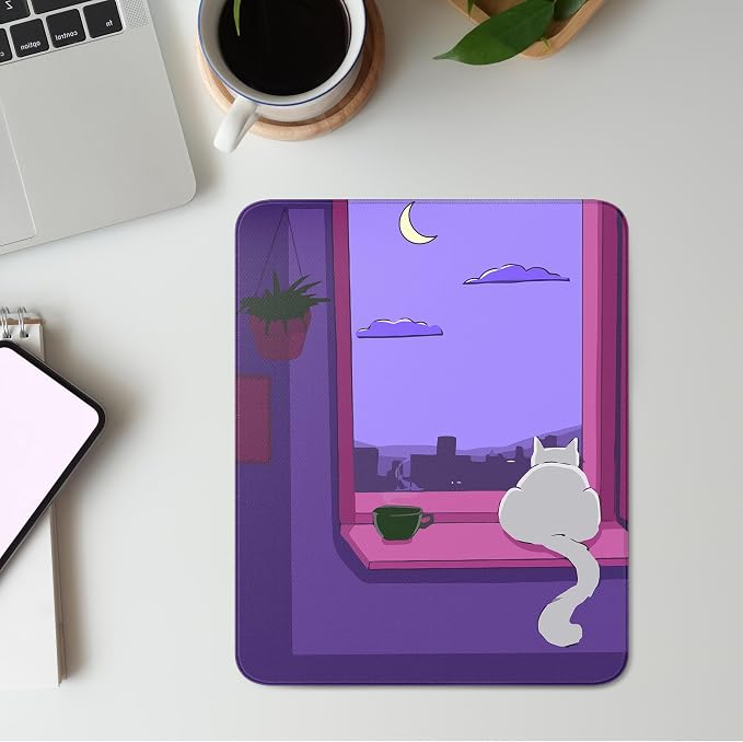 Cute White Cat Square Mouse Pad,Anime Cats Mouse Pads for Wireless Mouse Desk Accessories,10"X8" Travel Mousepad with Non-Slip Rubber Base, Stitched Edge Mouse Pads for Desk,Computers,Laptop,Office