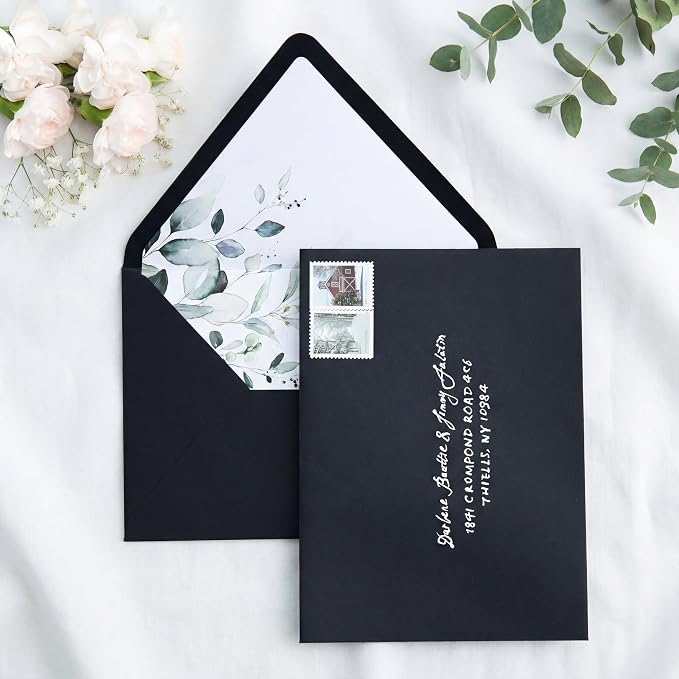 PONATIA 50PCS A7 Euro Flap Envelopes, 5.25 x 7.25'' Liner Envelope For 5x7'' Weddings Invitation Cards, Christmas Gift Cards, Acrylic Invitations, Photos (Black)