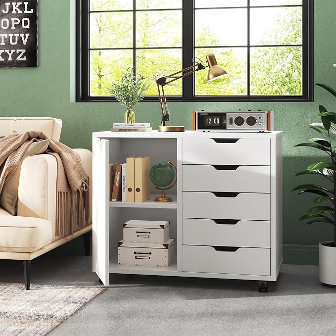 DUMOS 5-Drawer Mobile File Cabinet, Wooden Printer Stand with Storage | Under Desk Cabinets with Adjustable Shelf & Wheels for Home Office Organizer Storage Craft Room, White