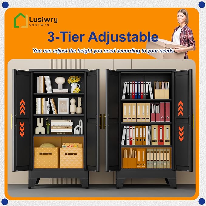 Metal Storage Cabinet with 2 Doors and 3 Adjustable Shelves - 47.2" Steel File Cabinet,Tool Cabinets for Office,Home,Garage,Gym,School,Bathroom,Kitchen(Black)