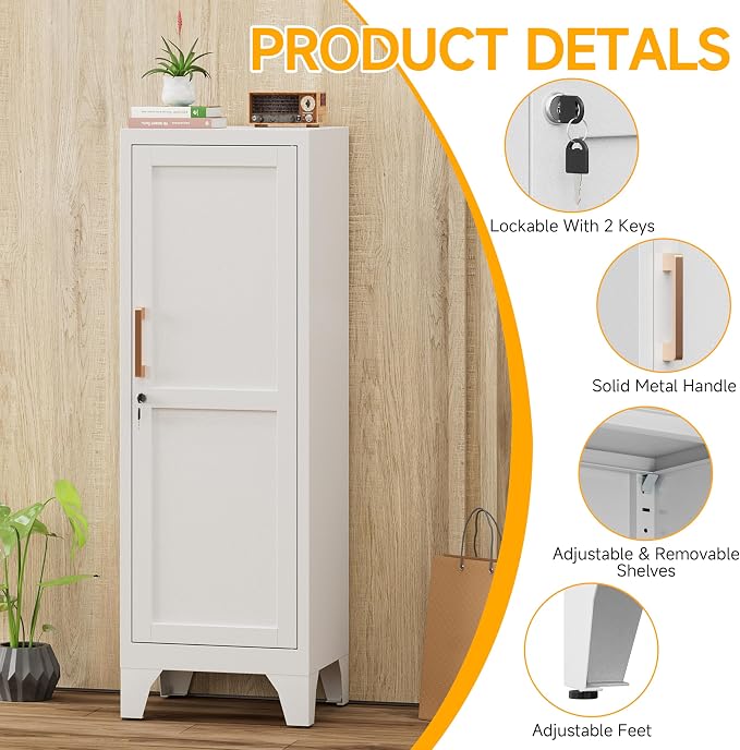 46"H White Metal Locker Set of 2,Small Locking Cabinet with 1 Door and 2 Adjustable Shelves For Employees,3 Tier Small Storage Cabinet with Detachable Legs for Kitchen, Office,School,Gym,Easy Assembly