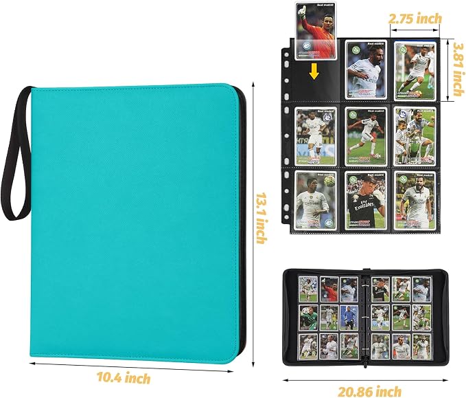 GERMUN 3 Ring 9 Pocket Zipper Card Binder, 720 Double Sided Standard PU Trading Card Album Folder for TCG & Sports Cards, Not Fit Top Loaders (LAKE BLUE)