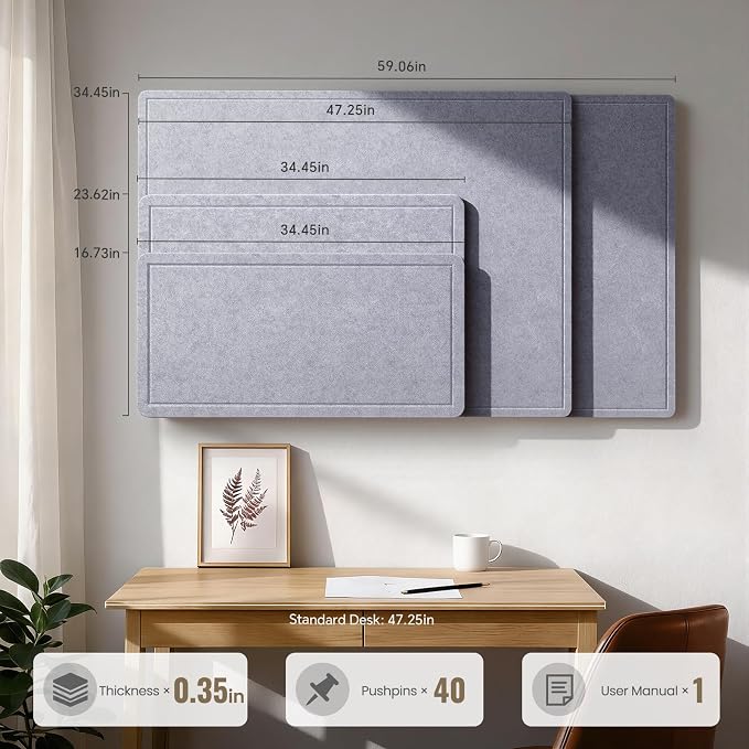 Large Bulletin Board, 48 X 35 Inches Felt Cork Board with 40 Pushpins, Foldable Felt Notice Pin Board Photo Display Board with Self-Adhesive Tape for Office Home School (Light Gray, 48x35 inch)