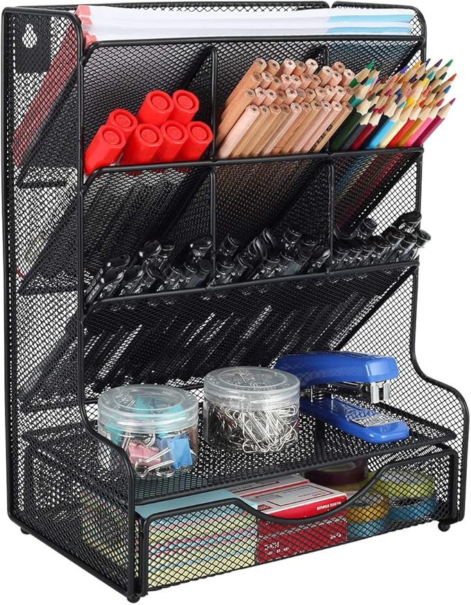PAG Desk Organizer with Drawer Office Supplies and Accessories Storage Caddy Hanging Wall Shelf Metal Mesh Pencil Holder for Kids, 9 Compartments, Black
