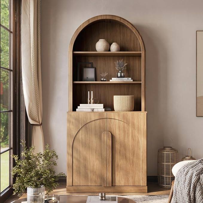 BELLEZE Arched Bookshelf with Storage, 71" Tall Wood Curio Display Cabinet with Adjustable Shelf, 5 Tier Modern Bookcase Shelf with Door for Living Room Office, Camel