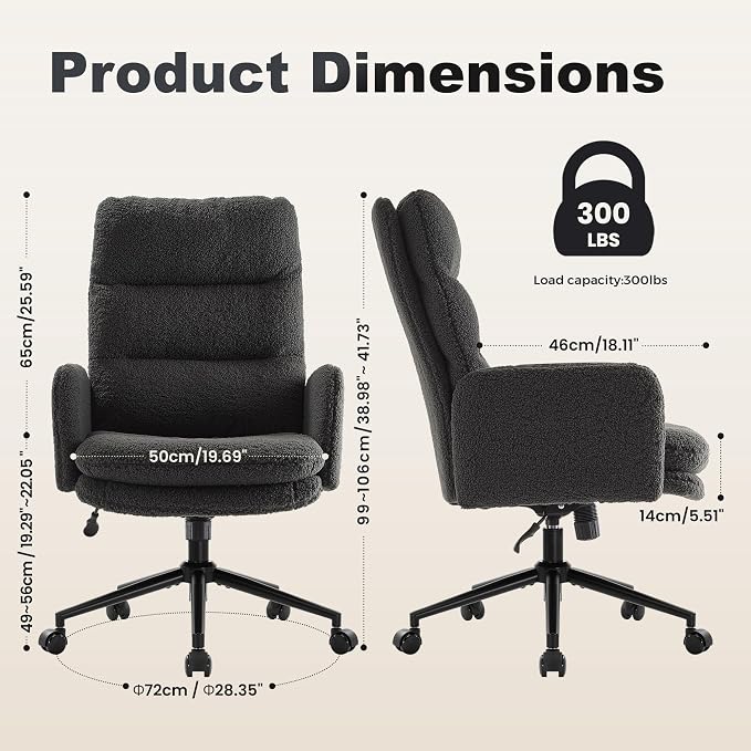 IWMH High Back Home Office Chair,Comfy Desk Chair with Armrests Cashmere | Ergonomic Upholstered Office Desk Chair,Height Adjustable Armchair with Wheels, 360° Swivel Desk Chair (Dark Grey)