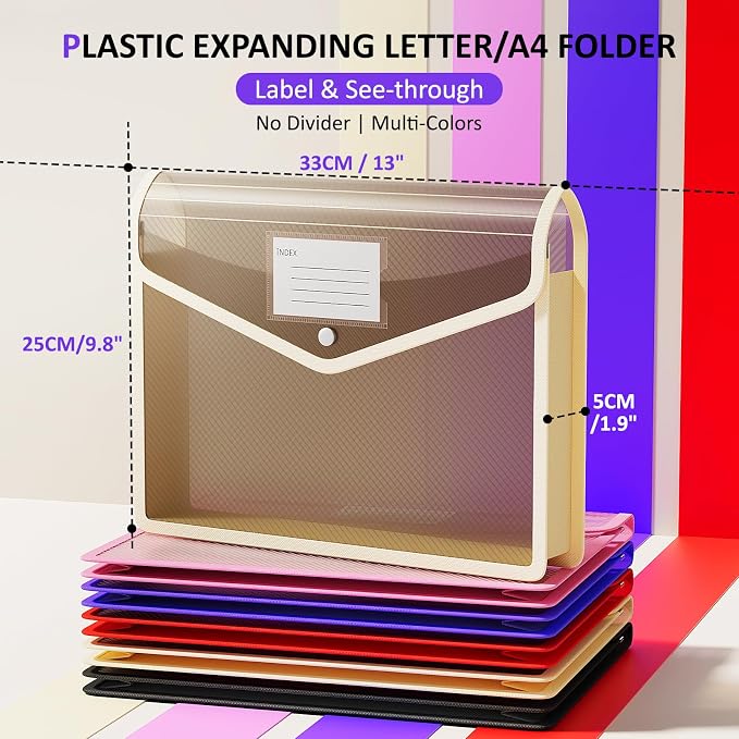 ThinkTex Plastic Expanding File Folder, Transparent envelopes with Snap | No Dividers,Large Capacity,Document Organizer for Receipts, Bills&Taxes,Letter/A4 Size for School/Office/Home-10 Pack