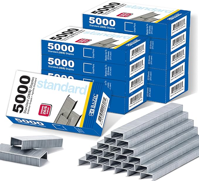 BAZIC Products Standard Staples Refill 26/6, Durable Silver Stapler Refill for Home, Office and School Use, Smooth Loading and Jam-Resistant for Everyday Document Stapling, 5,000/Pack, 24-Pack