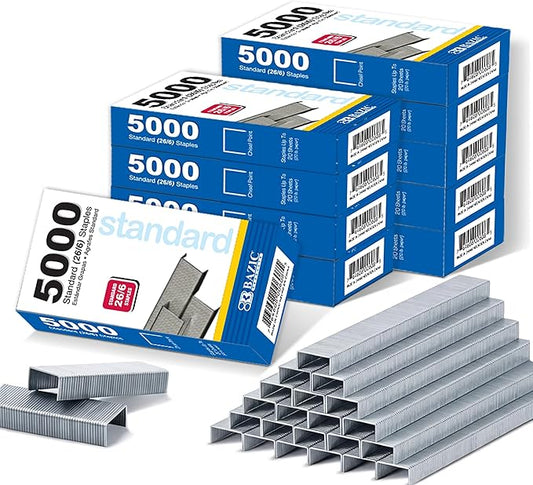 BAZIC Products Standard Staples Refill 26/6, Durable Silver Stapler Refill for Home, Office and School Use, Smooth Loading and Jam-Resistant for Everyday Document Stapling, 5,000/Pack, 24-Pack