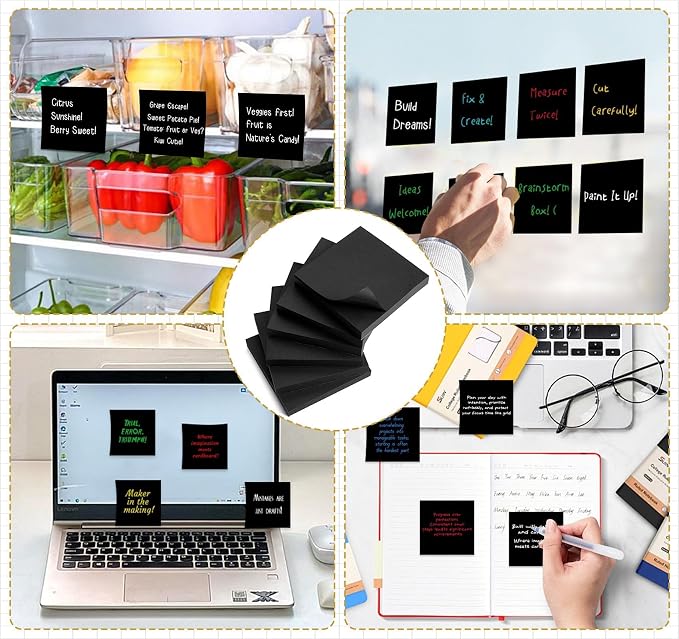 Black Sticky Notes 3x3 in,100 Sheets/6 Pads for Office, School, Home | Widen the Adhesive Area,Super Self-Stick Notes,600 Sheets Aesthetic Sticky Pads