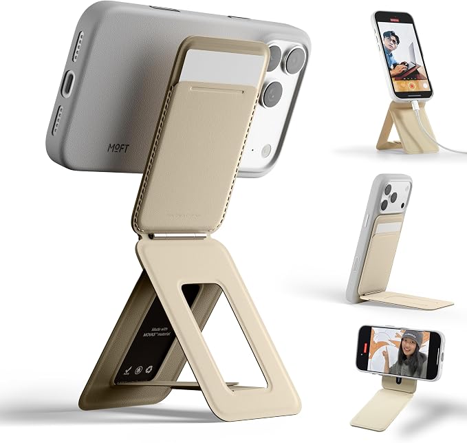 MOFT Phone Stand Wallet, NFC-Supported Tap-and-Go Card Holder, MOVAS Leather, Slim Magnetic Tripod for iPhone 17/16/15/14/13/12, Travel Essential Wallet Cell Phone Stand for 2 Cards, Earthen Beige