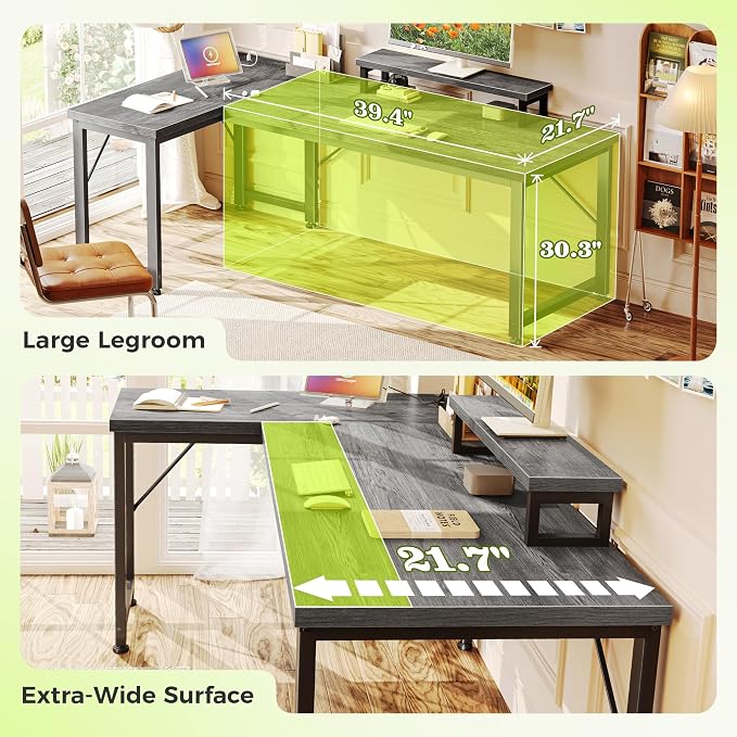 53" L Shaped Computer Desk, Power Outlets, Monitor Stand, Grey | USB-C Ports, Reversible Charging Station, Spacious Desktop & Legroom, 0.94 Inch Thick Desktop, for Gaming, Study & Work