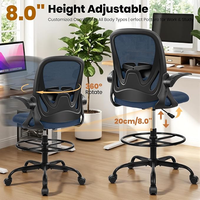 Drafting Chair Tall Office Chair with Flip-up Armrests Executive Ergonomic Computer Standing Desk Chair with Lumbar Support and Adjustable Footrest Ring (Navy)