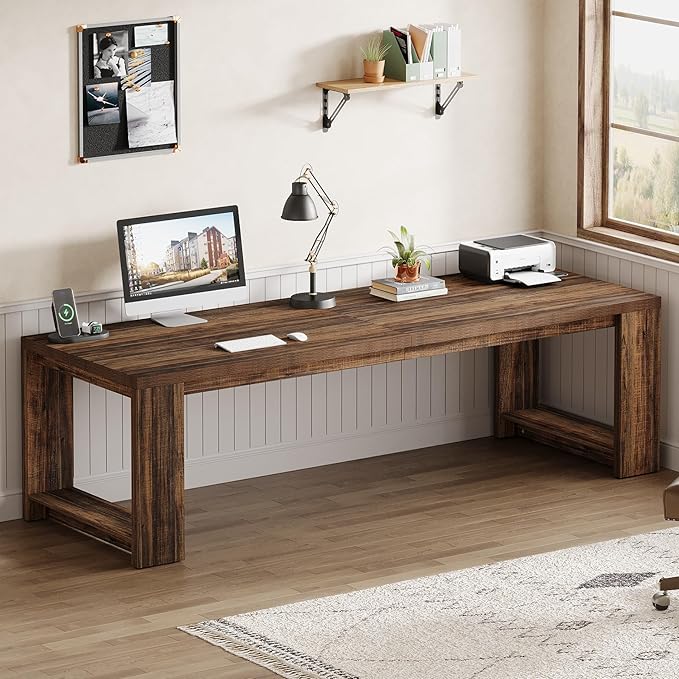 Tribesigns 2 Person Desk Set of 2, 86.6 Inches Extra Long Desk, Two People Computer Writing Table, All Wood Large Desks Workstation for Home Office, Rustic Brown