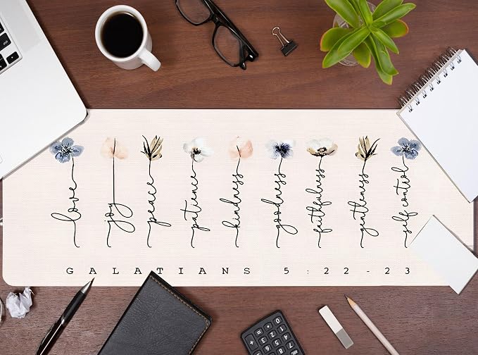 Christian Desk Mat Bible Verses Mouse Pad Flroal 31.5x11.8 | Gakatians 5:22, Bible Christian Desk Accessories, Light Pink Computer Mat for Office, Church Religious Gifts for Women
