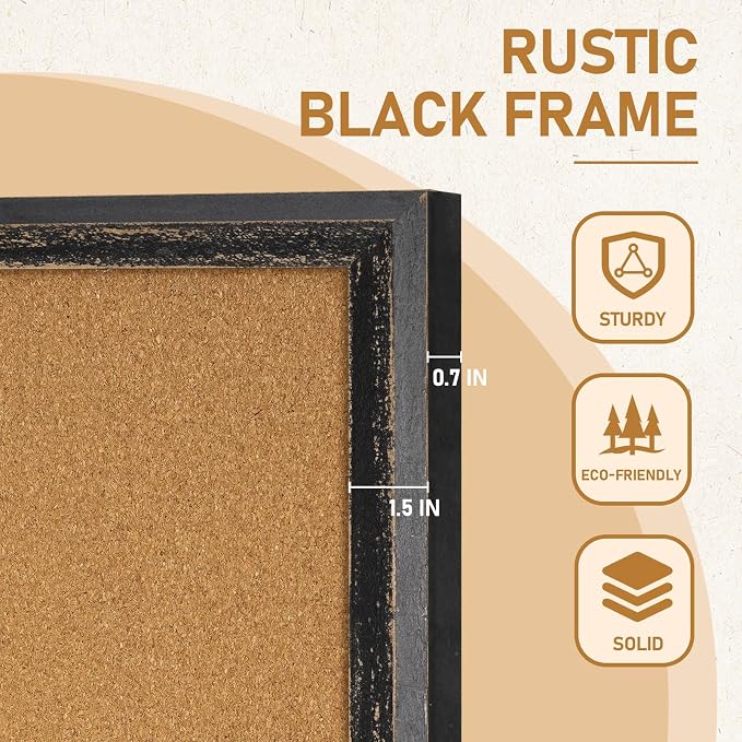 DOLLAR BOSS Cork Board, 36" X 24" Rustic Framed Bulletin Board, Black | Decorative Pin Board, Wall Hanging Notice Board, For Office & Home Decor Memo Display, With Pins