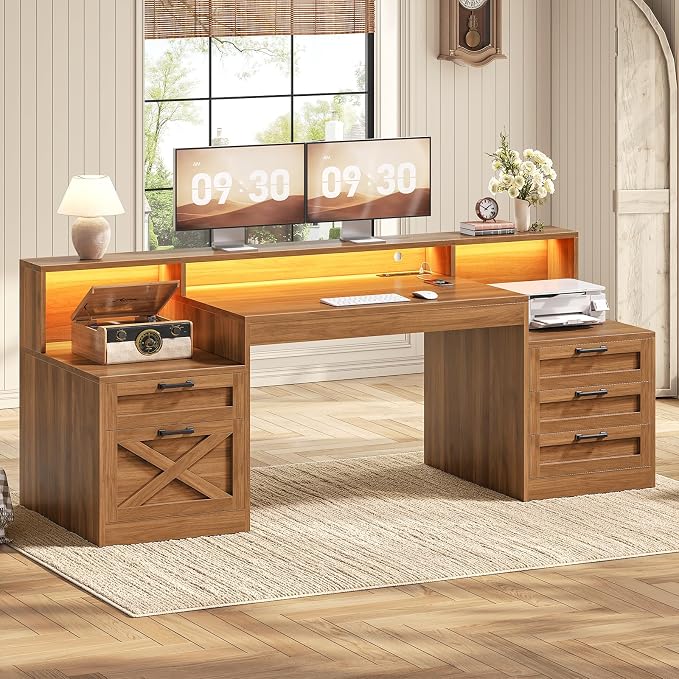 SEDETA 63" Farmhouse Computer Desk with 5 Drawers, Brown | Executive Office Desk with LED Lights & Monitor Stand, Wood Home Office Desk with 2 Printer Stand & Power Outlet