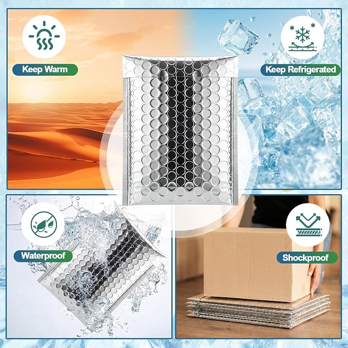 50 Pack 6 x 7 Inch Insulated Bubble Mailers, Silver | Self Seal Closure, Foil Lined Interior, Padded Cushioning, Waterproof, Cold Delivery Packing, for Food and Cosmetics