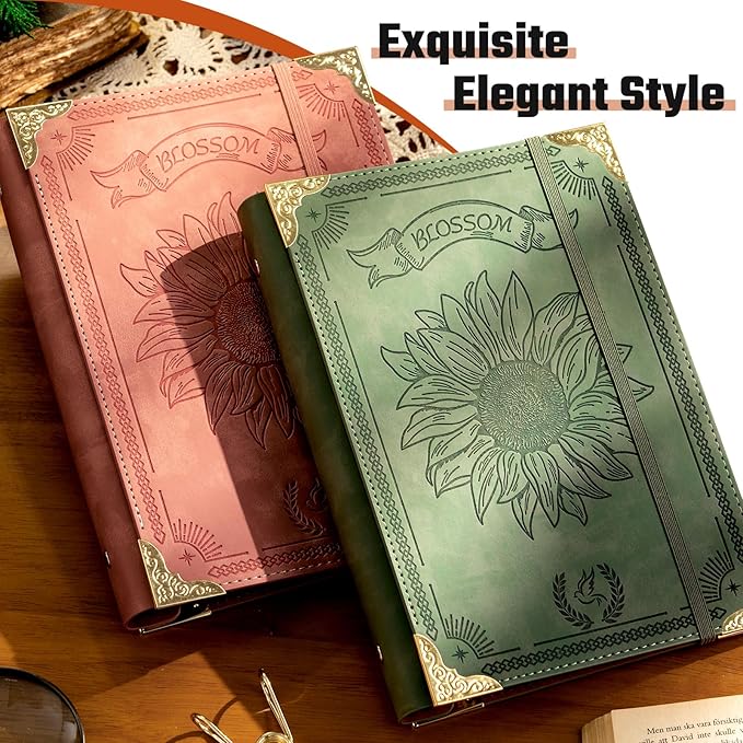 Sunflower PU Leather A5 Binder 6 Ring Refillable Journal Cover No Inserts A5 Planner Binder Loose Leaf Binder for Notebook 5.7”x8.3” with Elastic Closure, Green