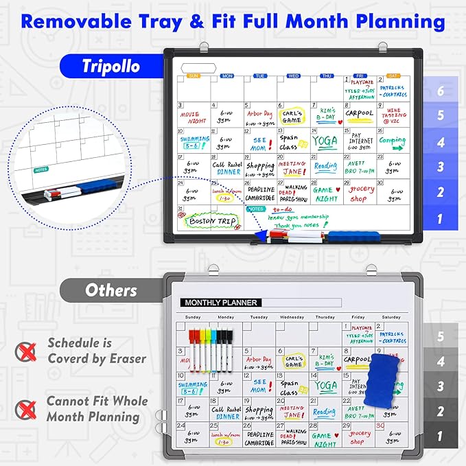 Magnetic Dry Erase Calendar Whiteboard for Wall 36"x24", Monthly White Board Calendar Dry Erase Wall Hanging Aluminum Frame with Tray for Home, School, Office