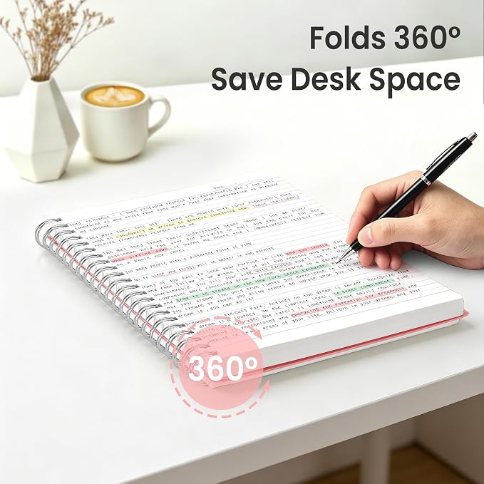 EMSHOI Lined Spiral Journal Notebook, 300 Pages, A5 Size (5.7'' x 8.2'') | College Ruled, 100 GSM Thick Paper, Flexible Plastic Cover, for School, Writing, Work, Office & Journaling (Pink)