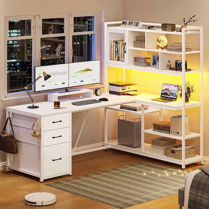 SEDETA 58'' L Shaped Computer Office Desk with 3 Drawers and Bookshelf | L Shaped Corner Desk with Storage Shelves and LED Light for Home Office, Gaming, Small Space, White