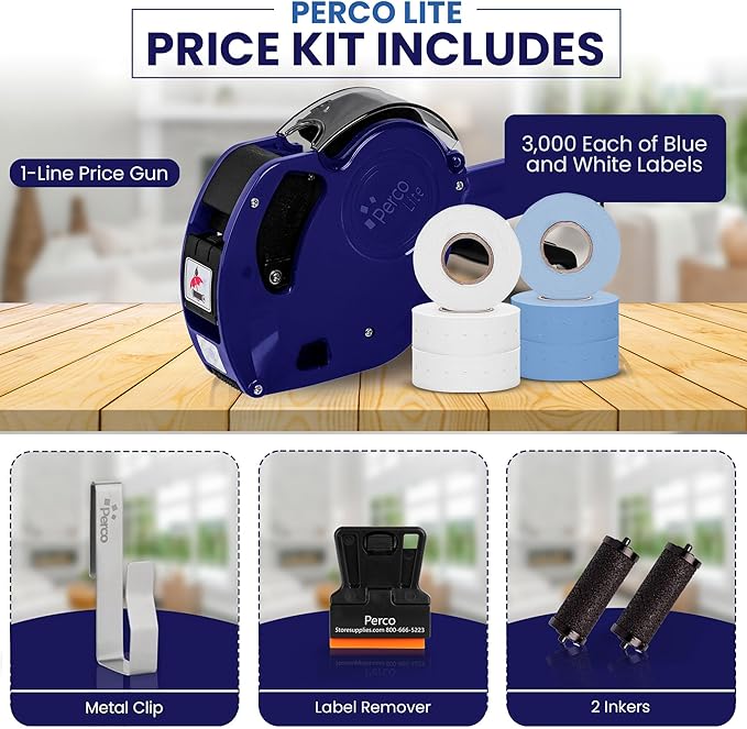 Perco Lite 1 Line Price Gun with Labels Kit - Includes 3 White Rolls, 3 Blue Rolls, 2 Ink Rollers - 1 Ink roll and Labels Pre-Loaded