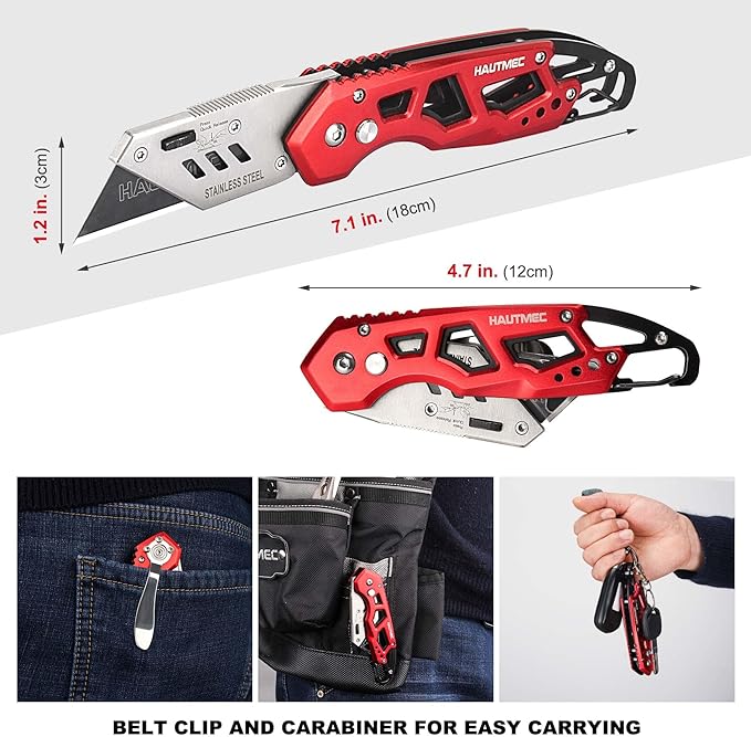 HAUTMEC Folding Utility Knife with 10-Pack SK2H Blades, Heavy-Duty Aluminum Alloy Box Cutter with Belt Clip, Carabiner, Quick-Change Blades & Safety Lock – HT0263