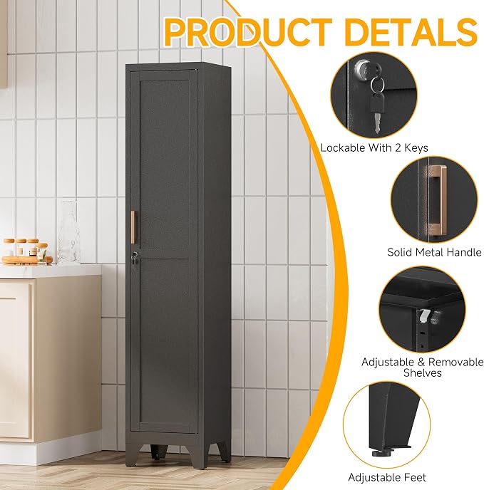 67"H Black Metal Locker with 1 Lockable Door and 4 Adjustable Shelves For Employees, 5 Tier Thin Storage Cabinet with Detachable Legs and Gold Handle for Kitchen,Office,Gym,School,Easy Assembly 2Pcs