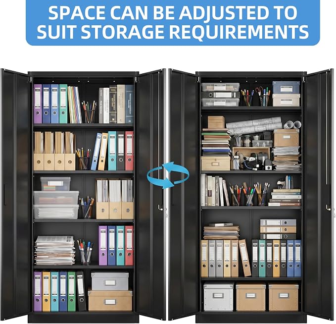 Metal Storage Cabinet with Doors and Shelves, 71" H Locking Steel Garage Cabinet for Home Office Studio Pantry,Tall Tool File Cabinet Black, Assembly Require
