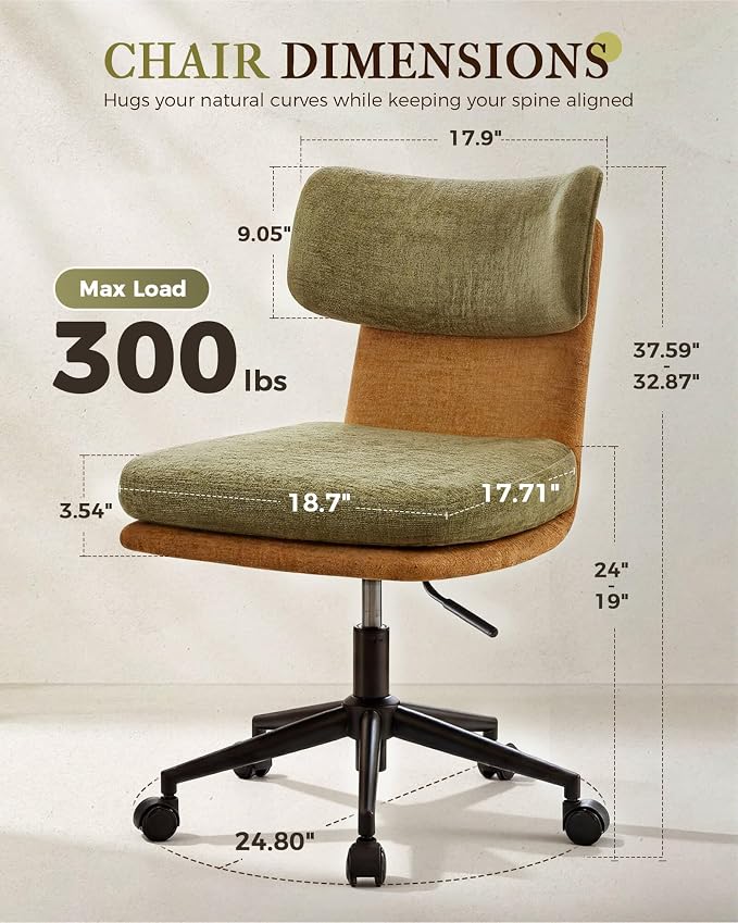 COMHOMA Home Office Desk Chairs with Ergonomic Curved Backrest, Mid Century Modern Vanity Chair with Wheel for Bedroom, Chenille Upholstered, Green