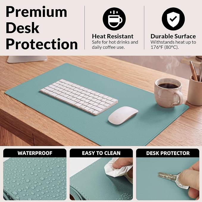 AFIING Leather Desk pad Protector, Light Blue, 35.4" x 17" | Dual-Sided Cork & PU Leather, Non-Slip, Waterproof, Large Mouse Pad for Office, Home & Gaming