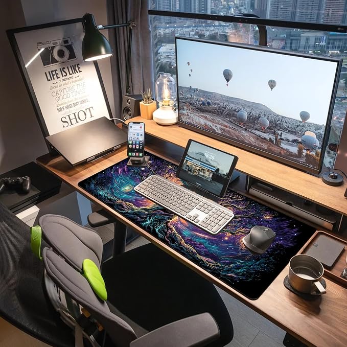 Extended Gaming Mouse Pad, Large Mouse Mat 3 mm Nature Rubber Base Mousepad with Stitched Edges, Non-Slip Desk Mat for Office Home Great Gift 31.5x11.8 Inch (Elven Forest 1)