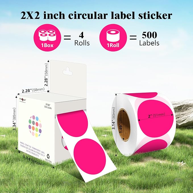 PARLAIM 2 Inch Round Adhesive Color-Code Dot Stickers,4Rolls/2000 per Rolls dots Label Dispenser Box, Circle Stickers Label Inch Coding Labels (Fluorescent Pink)