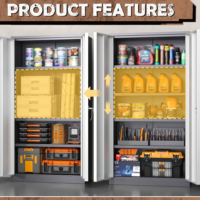 Metal Storage Cabinet, 72” H Storage Cabinet with 2 Doors and 4 Adjustable Shelves for Office, Home, Garage, Pantry (Assembly Required, Grey)