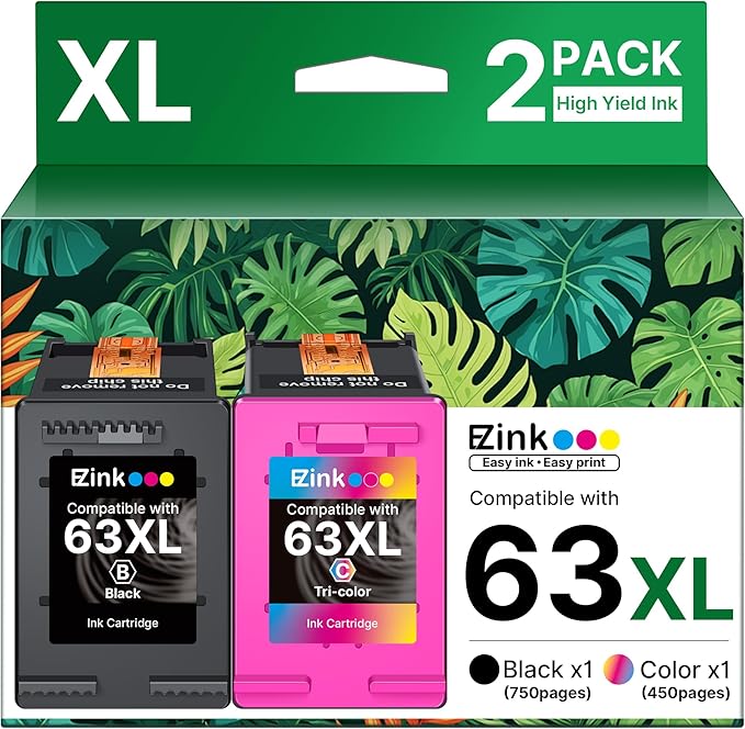 63XL Ink Cartridges Black and Color Remanufactured Replacement for HP Ink 63 for HP 63XL Ink Cartridges Combo Pack Work for Officejet 4650 3830 3833 5255 5258 Envy 4520 Deskjet 1112 3637 (2 Pack)