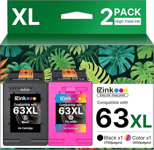 63XL Ink Cartridges Black and Color Remanufactured Replacement for HP Ink 63 for HP 63XL Ink Cartridges Combo Pack Work for Officejet 4650 3830 3833 5255 5258 Envy 4520 Deskjet 1112 3637 (2 Pack)