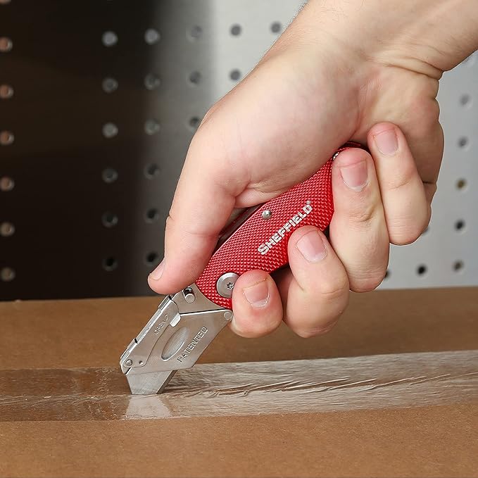 Sheffield Folding Utility Knife, Accepts Standard Utility Knife Blades, Box Cutter Aluminum Handle, Razor Blades Included, For Home, Office, Trades, and Warehouse