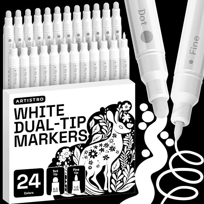 ARTISTRO White Dual-Tip Acrylic Paint Marker Pens - Set of 24 | For Fabric, Rock, Glass, Wood, & Coloring Books, Arts & Crafts Gift, Classroom Must Haves & School Supplies (Dot & Fine Tips)