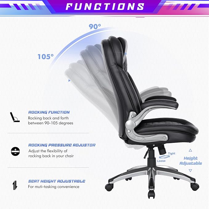 COLAMY High Back Executive Office Chair – Ergonomic PU Leather Desk Chair with Flip-Up Armrests,Height, Lumbar Support, Comfortable Computer Chair for Home Office – Black