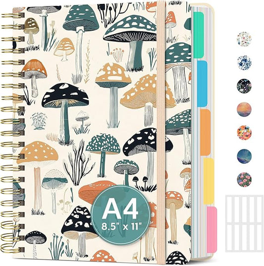 Large Spiral Lined Notebooks for Work with Removable Dividers & Tabs, 8.5"x11" Pretty Hardcover 5 Subject Notebook Journal for Women, College Ruled, Perfect for Study & Office Organization, 280 Pages,Mushrooms Grove